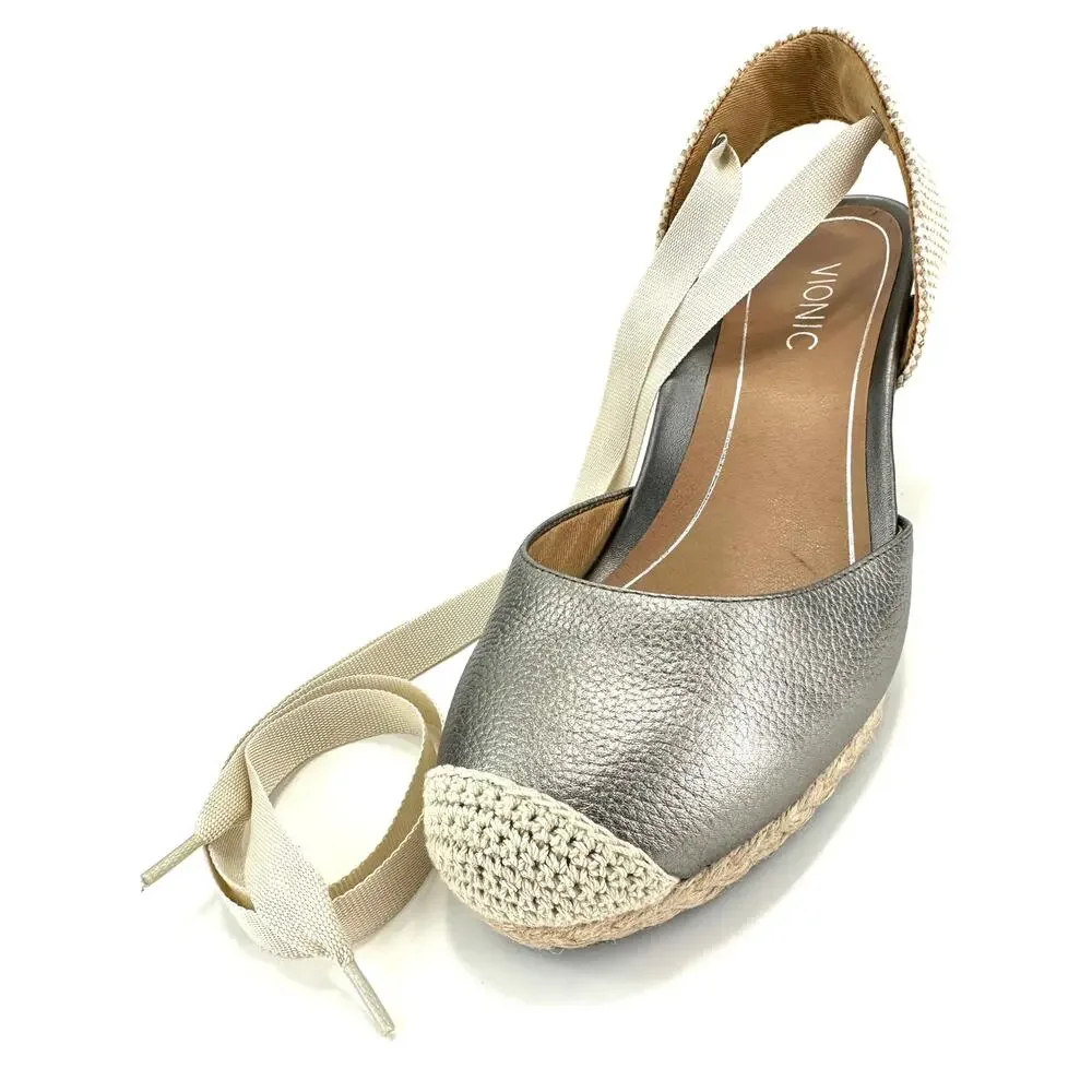 Vionic Maris Wedge Sandal Size 9/41 Gray/Pewter Leather Espadrille Closed Toe